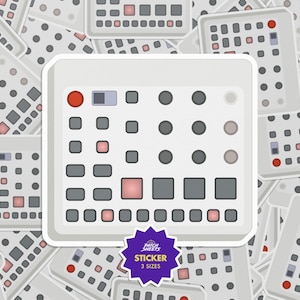 May include: A white sticker depicting a music production device with grey, red, and pink buttons and controls. The sticker has a purple starburst with the text "STICKER 3 SIZES".