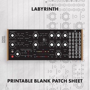 Moog labyrint blanco patchvel afdrukbare pdf | Sjabloon voor synth-patchnotities van 7 x 11, grijs lijnwerk terugroepblad voor semi-modulaire patches