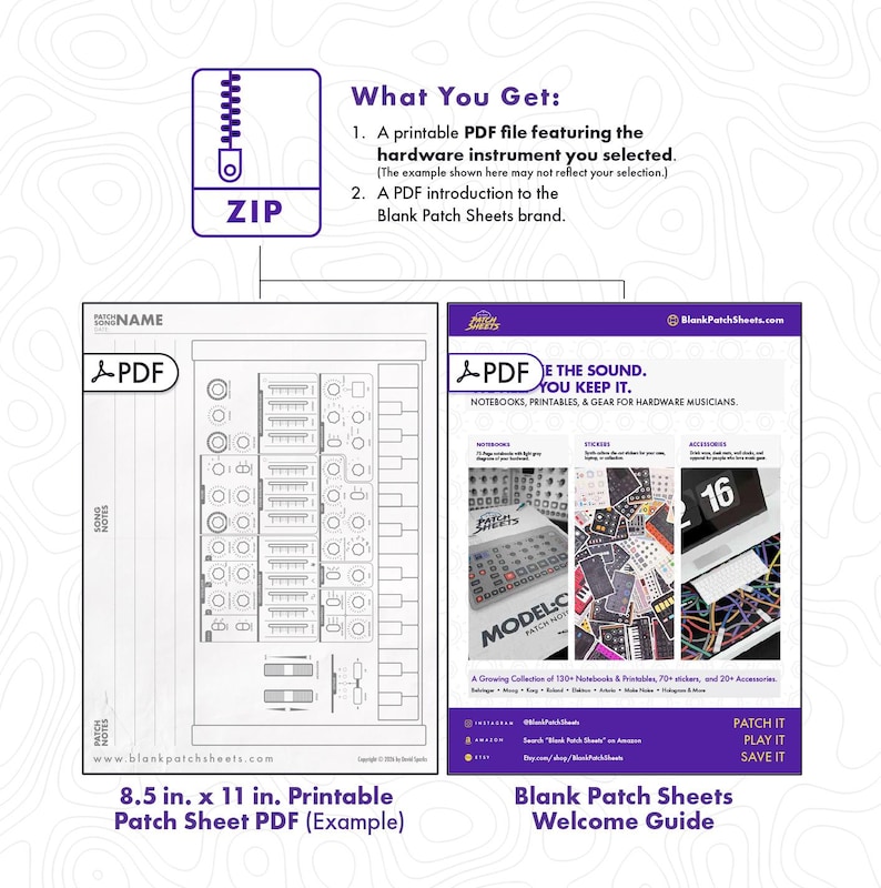 Blank Patch Sheets ZIP bundle contents — includes printable patch sheet PDF and Blank Patch Sheets welcome guide, instant digital download