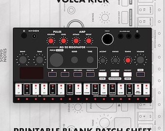 May include: A black Korg Volca Kick synthesizer interface featuring red knobs, a sixteen-step sequencer with white keys, and labels including Pulse, Amp, and MS-20 Resonator. The text Volca Kick and Printable Blank Patch Sheet are visible.