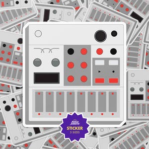 May include: A white sticker depicting a stylized synthesizer illustration. The design incorporates grey, black, and red elements, including buttons, knobs, and keys. The sticker has a white border and a purple label that reads "Sticker 3 Sizes".