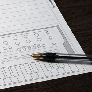 Close-up of a Korg Opsix blank patch sheet — settings diagram printable PDF for hardware musicians
