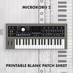 May include: A gray Microkorg 2 synthesizer graphic on a white background with the text MICROKORG 2 and PRINTABLE BLANK PATCH SHEET. The illustration features a keyboard, control knobs, buttons, and a screen, set against a technical line drawing.