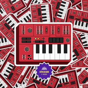 May include: Red synthesizer sticker with white keys, knobs, and sliders. The sticker has a white border and the text "Sticker Sheets 3 Sizes" in a purple starburst.