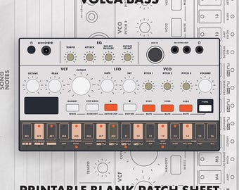 May include: A Volca Bass synthesizer control panel illustration featuring a light gray interface with white knobs, orange buttons, and a sixteen-step sequencer. The text Volca Bass and Printable Blank Patch Sheet are clearly visible on the design.