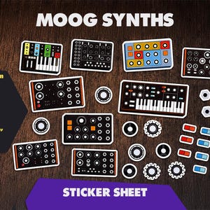 May include: A collection of matte finish vinyl stickers featuring various Moog synthesizers. The sticker sheet measures 11" x 8" and includes designs of synthesizers, knobs, and keys. The text "MOOG SYNTHS" and "STICKER SHEET" are visible.