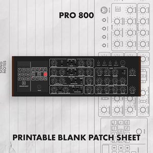 May include: A black synthesizer control panel graphic labeled PRO 800 with numerous knobs, switches, and a numeric keypad, displayed over a light-colored printable blank patch sheet with technical diagrams and the text PRINTABLE BLANK PATCH SHEET.