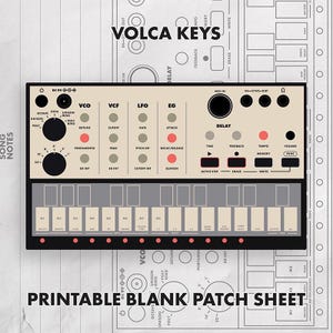 May include: A Volca Keys printable blank patch sheet featuring a beige and black synthesizer interface layout. The design includes labeled sections for VCO, VCF, LFO, EG, and Delay, with a touch-sensitive keyboard area at the bottom for sound design.