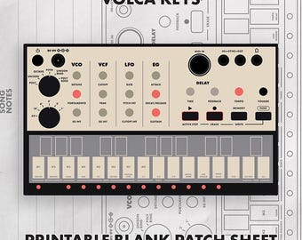 May include: A Volca Keys printable blank patch sheet featuring a beige and black synthesizer interface layout. The design includes labeled sections for VCO, VCF, LFO, EG, and Delay, with a touch-sensitive keyboard area at the bottom for sound design.