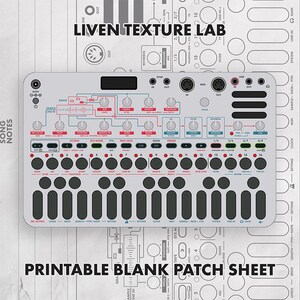 Puede incluir: Una superposición para sintetizador Liven Texture Lab con superficie gris claro, perillas negras, botones rectangulares y una cuadrícula de dieciséis pads redondos. La interfaz incluye texto impreso, diagramas y etiquetas de control.