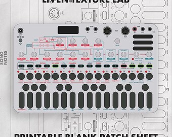 May include: A Liven Texture Lab synthesizer overlay featuring a light gray surface with black circular knobs, rectangular buttons, and a grid of sixteen round pads. The interface includes printed text, diagrams, and labels for audio controls.
