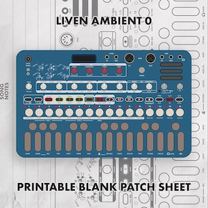 Könnte beinhalten: Ein blaues Liven Ambient O Synthesizer-Overlay mit einem Raster aus sechzehn nummerierten Tasten, verschiedenen Drehreglern und einem zentralen Anzeigebereich. Das Gerät liegt auf einem hellgrauen, bedruckbaren leeren Patch-Blatt.