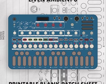 May include: A blue Liven Ambient O synthesizer overlay featuring a grid of sixteen numbered buttons, various control knobs, and a central display area. The device is positioned over a light gray printable blank patch sheet with technical diagrams.