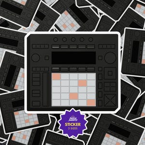 May include: Black sticker featuring a stylized electronic music production device with a grid of pads and various buttons. The sticker has a white border and the text "STICKER 3 SIZES".