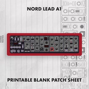 Może przedstawiać: Grafika panelu sterowania syntezatora Nord Lead A1 z czerwoną obwódką na białym tle, zawierająca tekst NORD LEAD A1 oraz PRINTABLE BLANK PATCH SHEET, wraz z technicznym schematem interfejsu syntezatora.
