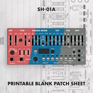 Könnte beinhalten: Ein druckbares, leeres Patch-Blatt für den SH-01A Synthesizer mit einer detaillierten grafischen Darstellung des Bedienfelds in roten, blauen und grauen Bereichen, inklusive Schiebereglern, Drehknöpfen und Tasten für technische Audiofunktionen.