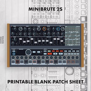 Può includere: Un foglio patch vuoto stampabile per sintetizzatore Minibrute 2S con un'illustrazione dettagliata vista dall'alto del pannello di controllo con numerose manopole, cursori, pulsanti e un patch bay su uno sfondo grigio chiaro con diagrammi.