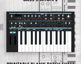 May include: A black and white printable blank patch sheet for the Bass Station 2 synthesizer. The graphic features a detailed illustration of the synthesizer control panel with knobs, sliders, and a keyboard, labeled with the text Bass Station 2.