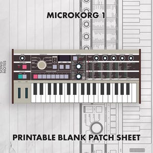 May include: A Microkorg 1 synthesizer illustration featuring a beige and dark brown control panel with knobs, buttons, and a keyboard. The graphic includes the text MICROKORG 1 and PRINTABLE BLANK PATCH SHEET over a light gray grid background.