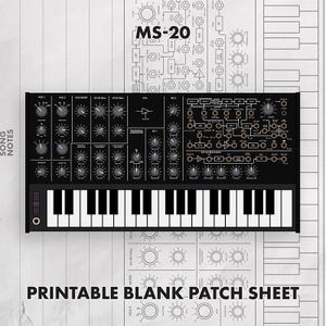 May include: A black and white graphic illustration of an MS-20 synthesizer featuring a keyboard and numerous control knobs. The background displays a technical schematic diagram with the text "SONG NOTES" and "PRINTABLE BLANK PATCH SHEET".