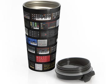Synth Travel Mug Stainless Steel for Electronic Music Lovers, Minimalist Studio Desk Coffee Mug for Music Producer, Home Studio or Gift