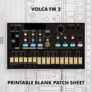 Puede incluir: Una interfaz de sintetizador Volca FM 2 negra con un panel de control multicolor que incluye botones rosas, azules y beige, un teclado táctil con teclas numeradas del 1 al 16, y etiquetas de texto como Volca FM 2 y Printable Blank Patch Sheet.