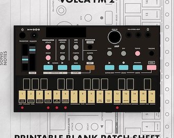 May include: A black Volca FM 2 synthesizer interface featuring a multi-colored control panel with pink, blue, and tan buttons, a touch-sensitive keyboard with numbered keys from 1 to 16, and text labels including Volca FM 2 and Printable Blank Patch Sheet.