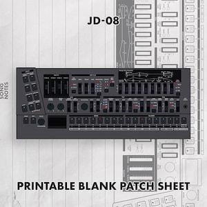 May include: A dark gray synthesizer control panel graphic labeled JD-08, featuring numerous sliders, buttons, and knobs for sound modulation. The design includes a technical layout with text reading SONG NOTES and PRINTABLE BLANK PATCH SHEET.