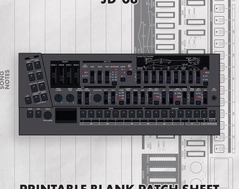 May include: A dark gray synthesizer control panel graphic labeled JD-08, featuring numerous sliders, buttons, and knobs for sound modulation. The design includes a technical layout with text reading SONG NOTES and PRINTABLE BLANK PATCH SHEET.