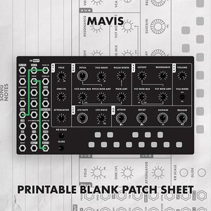 May include: A black and white printable blank patch sheet for the Mavis synthesizer. The graphic features a detailed layout of the synthesizer interface with knobs, patch points, and the text MAVIS and PRINTABLE BLANK PATCH SHEET.