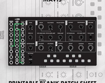 May include: A black and white printable blank patch sheet for the Mavis synthesizer. The graphic features a detailed layout of the synthesizer interface with knobs, patch points, and the text MAVIS and PRINTABLE BLANK PATCH SHEET.