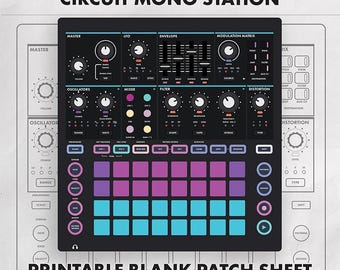 May include: A black Circuit Mono Station synthesizer interface featuring a grid of purple and blue square buttons, various control knobs, sliders, and labeled sections including Master, LFO, Envelope, and Modulation Matrix, set against a white background.