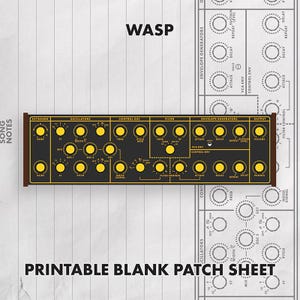 Puede incluir: Un gráfico de panel de control de sintetizador negro y amarillo etiquetado como WASP, que presenta múltiples perillas circulares y secciones para osciladores, filtros y generadores de envolvente, presentado como una hoja de parches en blanco imprimible.