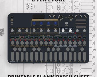 May include: A Liven Evoke synthesizer featuring a dark gray control panel with numerous knobs, buttons, and a central display. The device is positioned over a light gray printable blank patch sheet with technical diagrams and the text Liven Evoke.