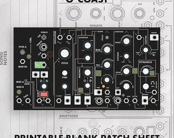 May include: A black O-Coast synthesizer control panel graphic featuring white text, circular knobs, and patch points. The design includes labels like Pitch, Fine, Overtone, Multiply, Slope, Cycle, Contour, and Dynamics, presented as a printable blank patch sheet.