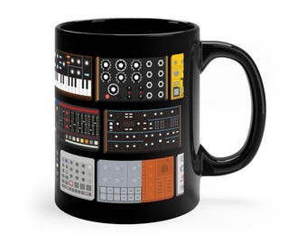 Minimalist Synth Stack Coffee Mug for Music Producers, Retro Electronic Keyboard Gift for Studio, Home Office or DAW Setup