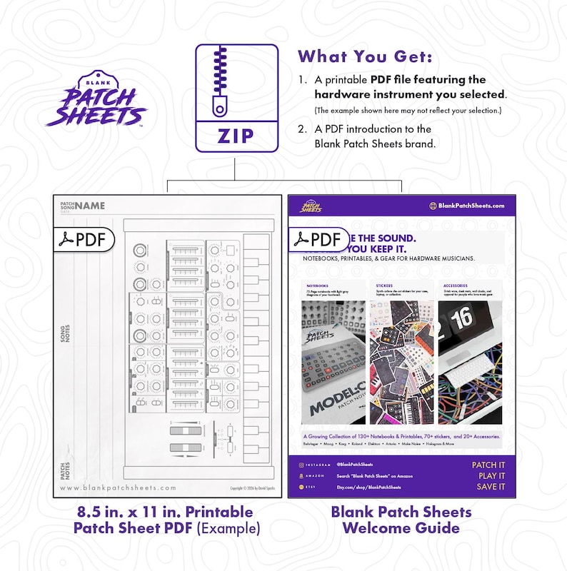 Blank Patch Sheets ZIP bundle contents — includes printable patch sheet PDF and Blank Patch Sheets welcome guide, instant digital download
