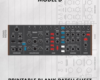 Behringer Model D Blank Patch Sheet Printable PDF | 7x11 Synth Patch Notes Template, Grey Line Diagram for Analog Sound Studio Recipes