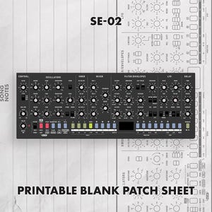 Roland SE-02 パッチシート、シンセサイザードキュメントテンプレート（PDFダウンロード）