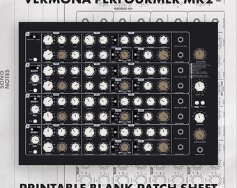 May include: A black and white printable patch sheet for the Vermona Perfourmer MK2 synthesizer. The graphic features a detailed layout of four synthesizer channels with numerous knobs, switches, and labels, including the text Vermona Perfourmer MK2.