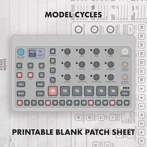 以下が含まれることがあります： Model Cycles用の印刷可能なブランクパッチシート。ドラムマシンのインターフェースの詳細なレイアウトが特徴です。16個の番号付きボタンのグリッド、さまざまなコントロールノブ、サウンド設定を記録するためのデジタルディスプレイエリアが含まれています。