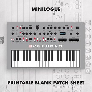 May include: A gray Minilogue synthesizer control panel illustration featuring a keyboard, numerous knobs, sliders, and buttons labeled with technical audio functions. The text reads MINILOGUE and PRINTABLE BLANK PATCH SHEET, with a small waveform display.