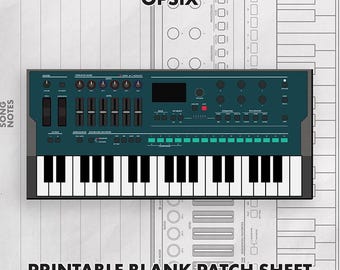 May include: A dark teal synthesizer keyboard with black and white keys, numerous knobs, sliders, and buttons. The text OPSIX is centered at the top, and the text PRINTABLE BLANK PATCH SHEET is at the bottom, set against a technical line drawing background.
