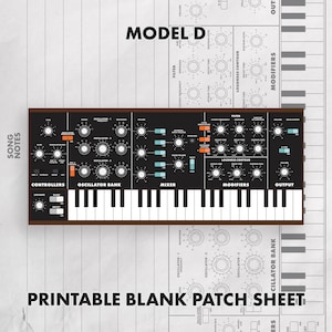 May include: A black and brown Model D synthesizer diagram with white keys and control knobs. The text "MODEL D" and "PRINTABLE BLANK PATCH SHEET" are visible. The diagram is labeled with sections like "CONTROLLERS" and "OSCILLATOR BANK".