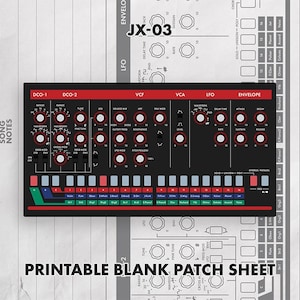 Könnte beinhalten: Eine schwarze und rote Synthesizer-Bedienfeld-Auflage mit dem Text JX-03 und PRINTABLE BLANK PATCH SHEET. Die Oberfläche enthält zahlreiche Drehregler, vertikale Schieberegler und ein Raster aus nummerierten Tasten mit verschiedenen Instrumentennamen.