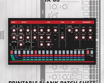 May include: A black and red synthesizer control panel overlay featuring the text JX-03 and PRINTABLE BLANK PATCH SHEET. The interface includes numerous circular knobs, vertical sliders, and a grid of numbered buttons labeled with various instrument names.