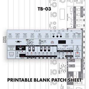 Hoja de conexiones Roland TB-03, plantilla de documentación para sintetizadores (descarga en PDF)