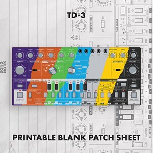 Puede incluir: Una hoja de parches en blanco imprimible TD-3 que presenta un gráfico de interfaz de sintetizador colorido de varias secciones. El diseño incluye varios mandos, botones y etiquetas para ajustes de tempo, forma de onda, pista, modo y volumen.