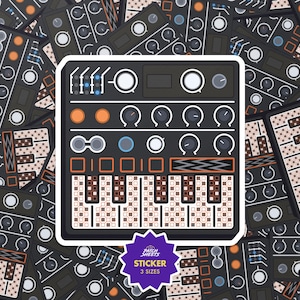 May include: A black and white sticker featuring a synthesizer design with knobs, buttons, and a keyboard. The sticker has orange, blue, and white accents. The sticker is surrounded by other similar stickers. The sticker has the text "STICKER 3 SIZES".