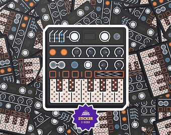 May include: A black and white sticker featuring a synthesizer design with knobs, buttons, and a keyboard. The sticker has orange, blue, and white accents. The sticker is surrounded by other similar stickers. The sticker has the text "STICKER 3 SIZES".